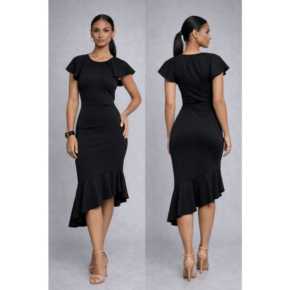Rachel Parcell Black Ruffle Midi Dress Flutter Sleeve Asym Hem Size S NWOT